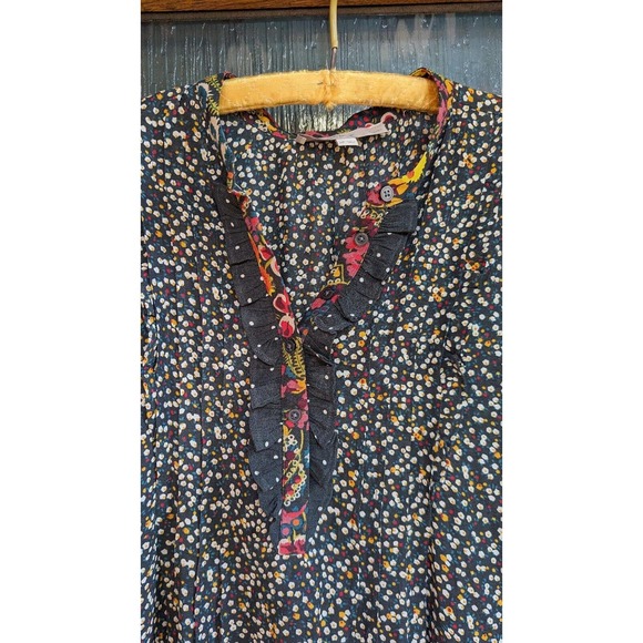 LOFT Petites Grey Popover Polka Dot Button Blouse Top Shirt Bell Sleeves Sz MP - Picture 2 of 8